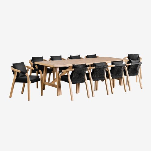 Set De Table Rectangulaire (260x100 Cm) Et 10 Chaises De Salle À Manger En Bois D'acacia Dubai Gris Graphite