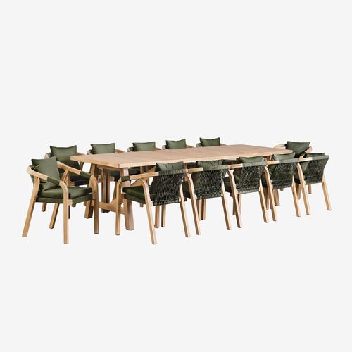 Ensemble De Table Rectangulaire (300x100 Cm) Et 12 Chaises De Salle À Manger En Bois D'acacia Dubaï Vert Militaire Clair