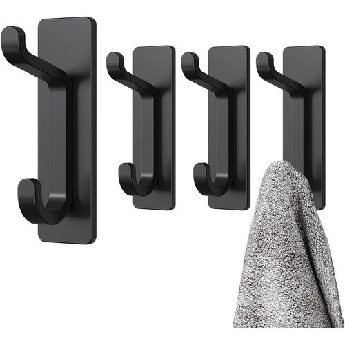 Crochet Adhesif Mural, Porte Serviette Salle de Bain, Accroche Torchon Cuisine, Porte Manteau Adhésif, Attache Murale Sans Percer, Etanche, Antirouille, Noir, 4 Pièces