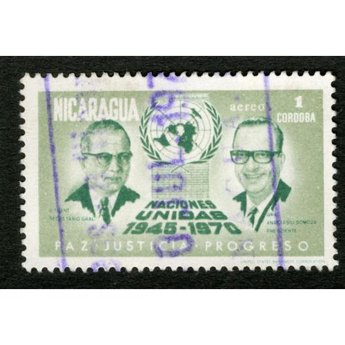 Timbre Oblitéré Nicaragua, Paz, Justicia, Progreso, Naciones Unidas 1945-1970, 1 Cordoba, Aereo