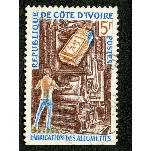Timbre Oblitéré République De Cote D'ivoire, Postes, 5 F, Fabrication Des Allumettes