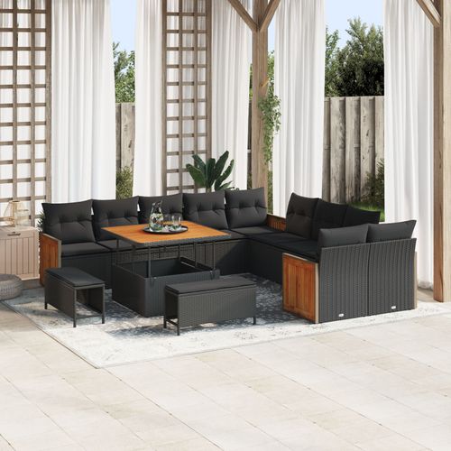 Set De Sofa De Jardin 13 Pièces Avec Coussins Noir Poly Rattan Acacia, Ensemble De Dîner De Jardin 3 Pièces Avec Coussins Noir Poly Rattan Acacia