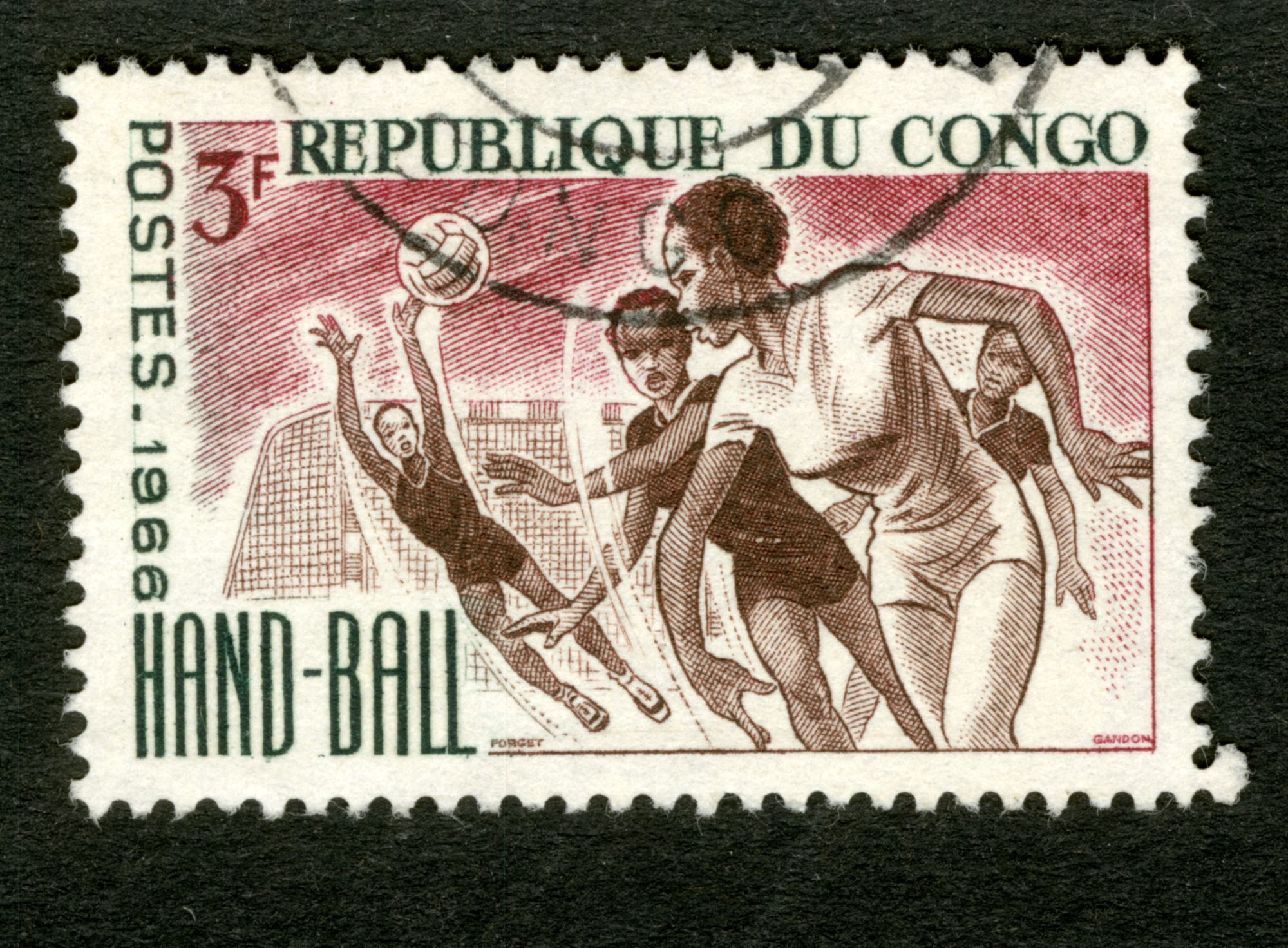 Timbre Oblitéré République Du Congo, Hand-Ball, Postes 1966, 3 F