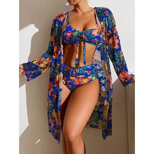 Maillot De Bain 3 Pièces Imprimé Floral,Sexy,Taille Haute,Ensemble Deux Pièces Pour Femmes,Avec Chemisier En Maille À Manches Longues,Super Ventes