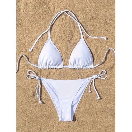 1pc Femmes Maillot De Bain Côtelé Dos Nu Coussinets Bikini Ensemble Licou Triangle Soutien-Gorge Côté Cravate String Maillots De Bain Maillots De Bain Dame Maillot De Bain