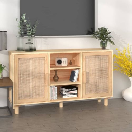 Buffet Marron 105x30x60 Cm Bois De Pin Massif Et Rotin Naturel