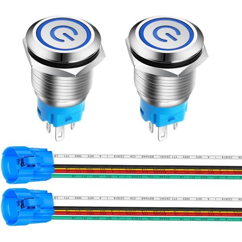 16mm Interrupteur Bouton Poussoir Non-Momentané en Acier Inoxydable,Symbole de Puissance,3V-5V-6V-7.5V-9V/3A 1NO1NC SPDT on Off Étanche avec Fiche Douille(LED Bleu,Verrouillage)