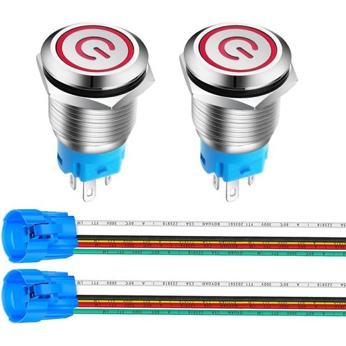2pièces 16mm Acier Inoxydable Verrouillage Bouton Poussoir Interrupteur,LED de Symbole d'alimentation 12V-24V 5A Interrupteur à Levier Étanche avec Fiche à Douille (LED Rouge)