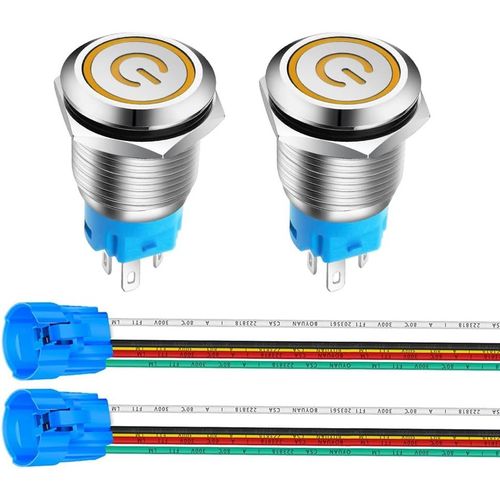 16mm Acier Inoxydable Verrouillage Bouton Poussoir Interrupteur,LED de Symbole d'alimentation 12V-24V 5A Interrupteur à Levier Étanche avec Fiche à Douille (LED Jaune)