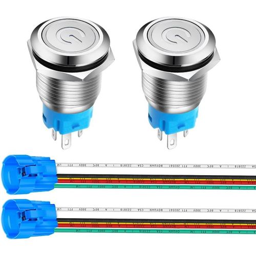 2pièces 16mm Acier Inoxydable Verrouillage Bouton Poussoir Interrupteur,LED de Symbole d'alimentation 12V-24V 5A Interrupteur à Levier Étanche avec Fiche à Douille (LED Blanc)
