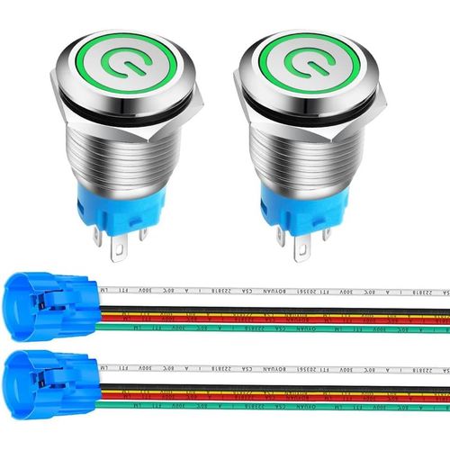 2pièces 16mm Acier Inoxydable Verrouillage Bouton Poussoir Interrupteur,LED de Symbole d'alimentation 12V-24V 5A Interrupteur à Levier Étanche avec Fiche à Douille (LED Vert)
