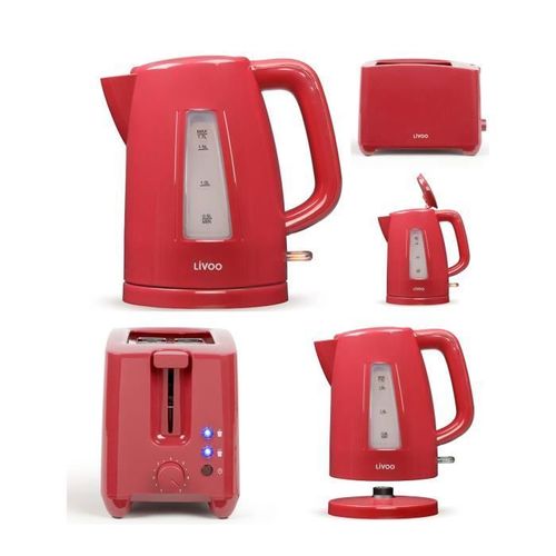 Bouilloire électrique ROUGE 2200W sans fil 1,7L + Grille-pain ROUGE 2 fentes rouge 7 fonctions avec témoins LED