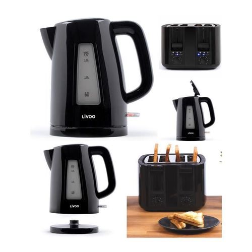 Bouilloire électrique 2200W Noir sans fil 1,7L + GRILLE-PAIN NOIR DESIGN 4 fentes 1500W