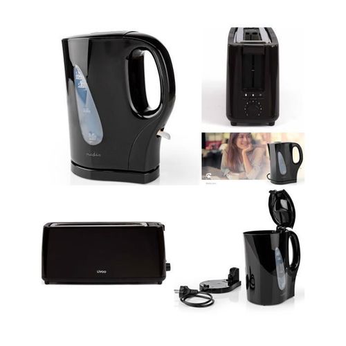 Bouilloire électrique 2200W Noir sans fil 1,7L + GRILLE-PAIN NOIR DESIGN large fente 900W