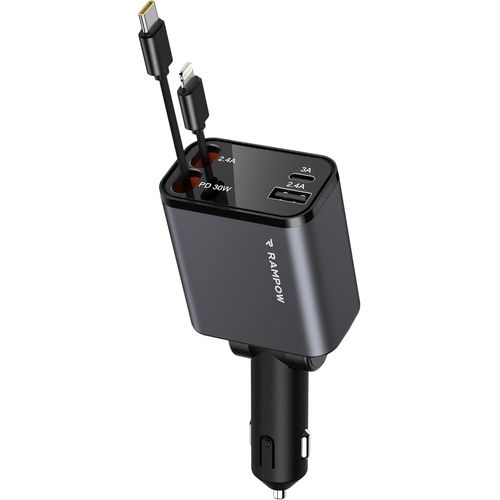 Huag-Allume Cigare Usb C, 65w 4in1 Retractable Chargeur Voiture, Avec Câbles Usb C Et Câble Lightning Rétractables, Chargeur Allume Cigare Pour Iphone 16/15, Samsung S24/23/22, Ipad - Blanc Argenté