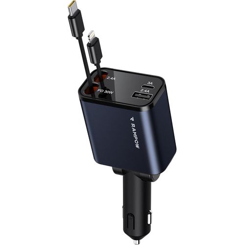 Huag-Allume Cigare Usb C, 65w 4in1 Retractable Chargeur Voiture, Avec Câbles Usb C Et Câble Lightning Rétractables, Chargeur Allume Cigare Pour Iphone 16/15, Samsung S24/23/22, Ipad - Blau-Noir