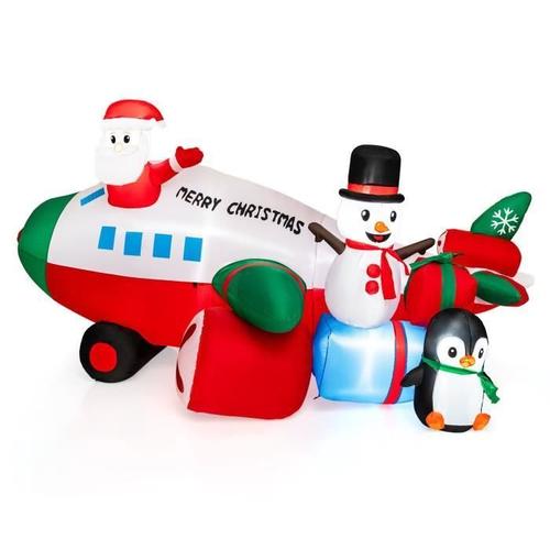 COSTWAY Décoration Gonflable de Noël 280cm de Long - Père Noël Gonflable en Hélicoptère - Bonhomme de Neige, Pingouin, Boîte-Cadeau