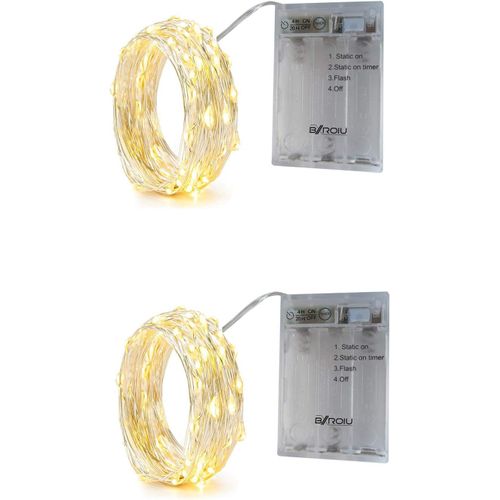 HUAG-Guirlande Lumineuse à Pile Fil d'argent avec minuterie,3 Mode idéal pour les fêtes de Noël, le mariage, la fête, et le décor de votre chambre et jardin (Blanc Chaud, 2 Pack 2 Mètres)
