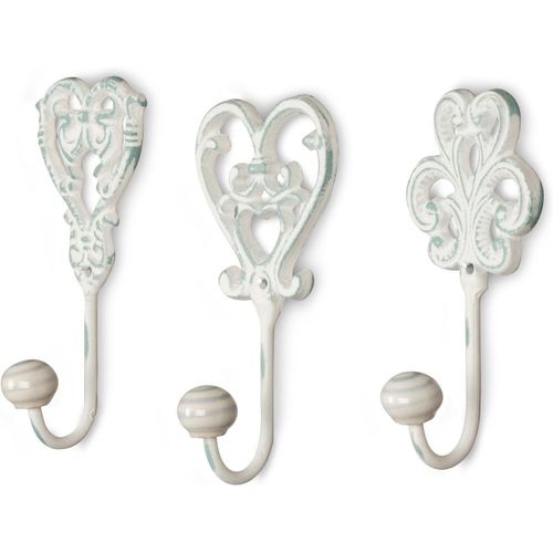 HUAG-Lot de 3 crochets muraux en fer blanc gris - Style shabby chic - Style maison de campagne vintage nostalgie antique - Style baroque