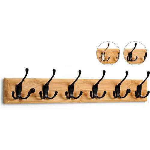 Porte Manteau Mural Bois - 6 Crochets Triples en Noir - 59 cm - Patere Murale pour une Entrée, Chambre, Salle de Bain et Vestiaire