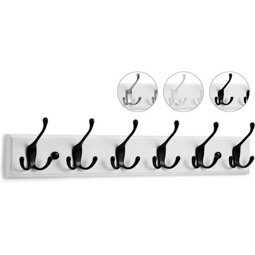 Porte Manteau Mural Blanc - 6 Crochets Triples en Noir - 59 cm - Patere Murale Bois pour une Entrée, Chambre, Salle de Bain et Vestiaire