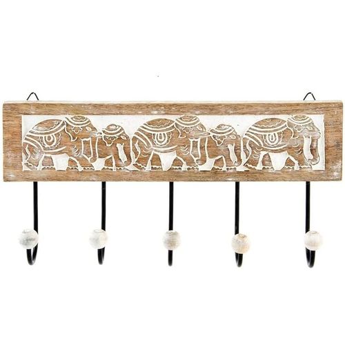 Portemanteau mural à 5 crochets en bois sculpté éléphant 38 x 18 cm