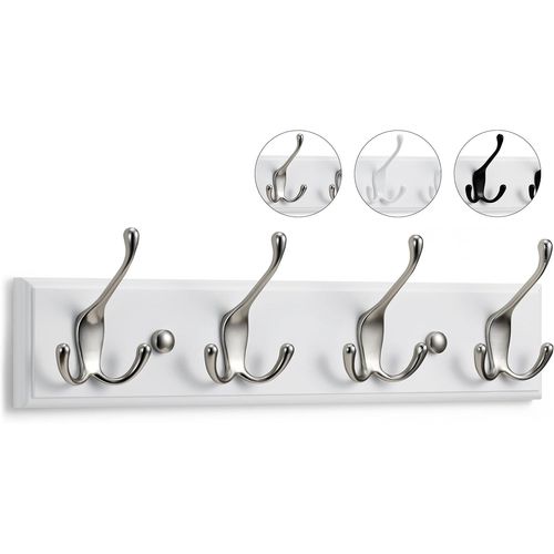 Porte Manteau Mural Blanc - 4 Crochets Triples - 42 cm - Patere Murale Bois pour une Entrée, Chambre, Salle de Bain et Vestiaire.[T1]
