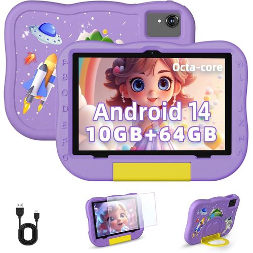 KGABERY-Tablette 10 Pouces Pour Enfants,Tablette Android 14 Pour Enfants Avec Étui Antichoc,10Gb Ram+64Gb Rom (1Tb Extensible),Contrôle Parental,Apprentissage Et Jeu,Double Caméra(Violet)