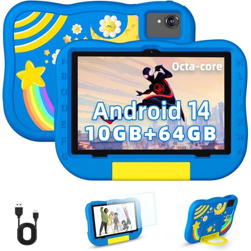 KGABERY-2024 Nouvelle Tablette Pour Enfants 10 Pouces,Tablette Android 14,Octa-Core 10+64Gb (1Tb Extensible),2.4G+5G Wifi 6,Contrôle Parental,Étui Anti-Choc Bleu