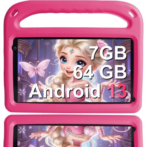 KGABERY-Tablette Pour Enfants Android 13 7 Pouces,7 Go Ram+64 Go Rom (Tf 256 Go),Wifi 5G,Bluetooth,Éducation Des Enfants,Play Store,Double Caméra,Contrôle Parental,Avec Étui Pour Tablette,Rose Clair