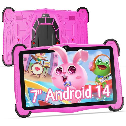 KGABERY-Tablette Enfants 7 Pouces,Adaptée Âgés 3 À 12 Ans,Android 14,10Go Ram 64Go Rom 1To Extensible,Avec Logiciel Pédagogique Iwawa Et Contrôle Parental,Batterie 4000Mah,Octa Core,Rose