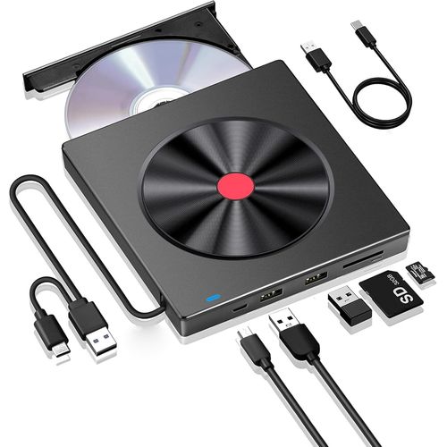 KGABERY-Lecteur Cd Dvd Externe Usb 3.0 Type-C Pour Pc,Lecteur Dvd Avec 2 Usb&Fente Sd/Tf,Graveur Dvd-/+Rw Portable,Transmission Rapide Pour Laptop Desktop Macbook Windows11/10/8/7/Xp/Vista/Linux/Maco