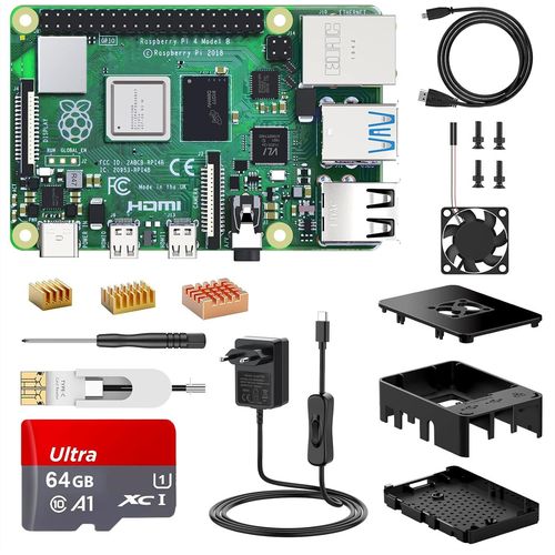 KGABERY-Raspberry Pi 4 Modèle B,8G Ram+64G Carte Mémoire,Starter Kit Complet: Carte Mère,Ventilateur,Boîtier Noir,Dissipateur,Alimentation Avec Interrupteur,Câble Hdmi Raspberry Pi 4 B+