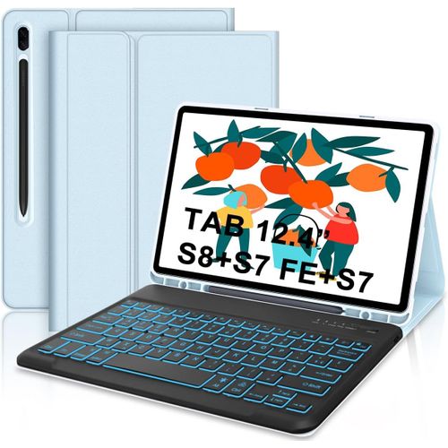 Kgabery-Étui Clavier Pour Samsung Galaxy Tab S7 Fe/ S7 Plus/ S7+/ S8+ 12,4"" Coque Mince,Détachable Rétro-Éclairage 7 Couleurs Bluetooth Français [Azerty] Clavier,Housse Avec Porte-Stylo,Bleu Clair