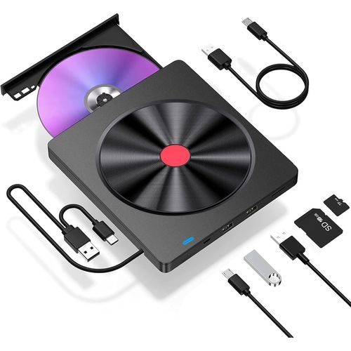 KGABERY-Lecteur Dvd,Lecteur Cd Dvd Portable,Lecteur Dvd Externe,Lecteur Carte Sd,Graveur Dvd/Cd Externe Avec Usb 3.0 Et Type-C Lecteur Cd Externe Pour Pc Laptop Windows 7/8/10/11/Xp/Vista/Mac Os