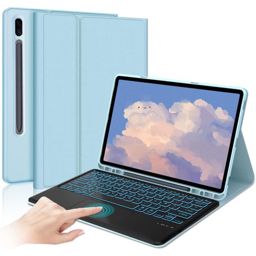 Kgabery-Samsung Galaxy Tab S7 Fe/ S7 Plus/ S7+/ S8+ 12,4"" Housse De Clavier Amovible Rétro-Éclairé 7 Couleurs Bluetooth Français Azerty Avec Pavé Tactile,Étui Avec Porte-Stylet,Bleu Clair
