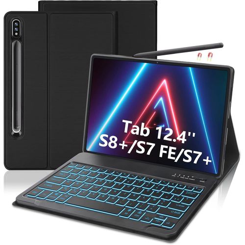 Kgabery-Étui Clavier Pour Samsung Galaxy Tab S7 Fe/S7 Plus/S8 Plus 12,4"",Azerty Français Clavier Bluetooth Rétroéclairé Magnétique Détachable Coque For S8+/S7+/S7 Fe,Noir