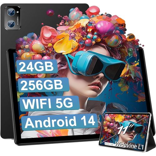 KGABERY-Tablette 11 Pouces 2025 Nouvelle Android 14 Tablet 24Go Ram 256Go Rom(1To Extensible),Octa-Core,5G+2.4G Wifi,Widevine L1,13Mp+5Mp,Bluetooth 5.0,8000Mah Tablette Tactile Avec Etui-Noir