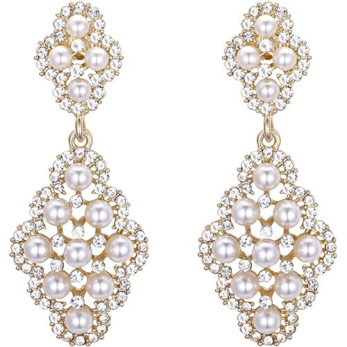 Kgabery-Femme Mariage Mariée Boucles D'oreilles Clip-On Forme Rhombique Cristal Perle Artificielle Pendants D'oreilles
