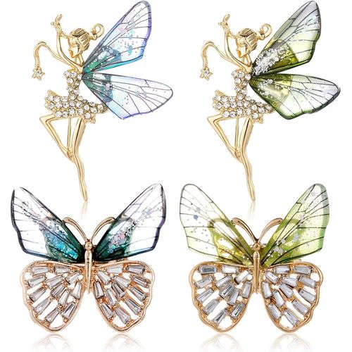 Kgabery-Strass Broche Pour Femmes,4 Pièces Broches Papillon Pour Femmes Papillon Fée Broche Bijoux Élégant Comme Un Cadeau Pour Les Femmes Roche En Alliage Multicolore En Cristal Pour La Fête