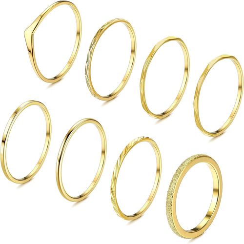 Kgabery-8pcs Bague Femme Acier Inoxydable Plaqué Or 14k Pouce Bague Empilables Bague Mince Minimaliste Knuckle Bagues De Déclaration De Doigt Boho Bague Femme Or