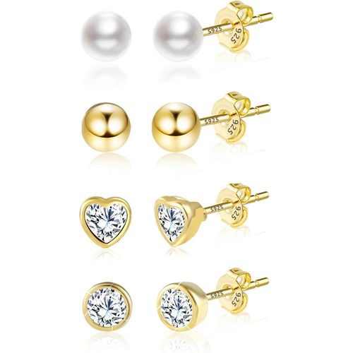 Kgabery-Lot De Boucles D'oreilles En Or Pour Femme-En Argent Sterling 925 Plaqué Or 14 Carats-Avec Zircone Cubique-Multipack-Boucles D'oreilles Pour Piercing Médical-Petite Boule-C?ur Et Étoile -