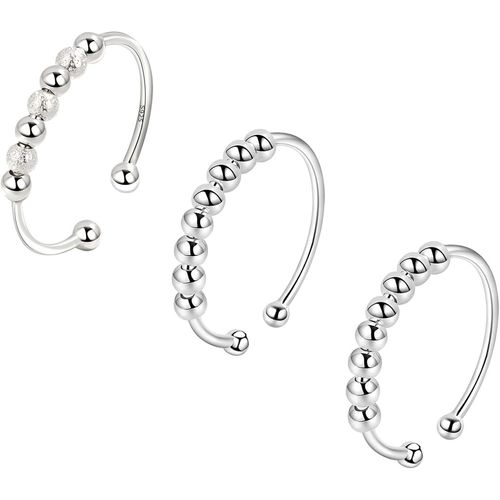 Kgabery-3pièces Bague Spinner Argent 925 Sterling Silver Bague Pour Femme Spinner Anxiety Bague Avec Perles Bande Bague Spinner Fidget Reglable Bagues Anti Stress Bague Empilables