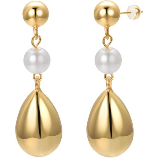 Kgabery-Boucles D'oreilles Larme Goutte Femme Clou D'oreille Plaqué Or 18k Grosse Larme Chunky Boucles D'oreilles Perles Blanches Pendante Bijoux