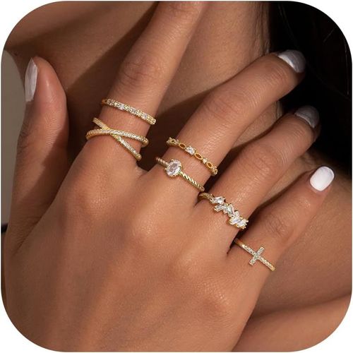 Kgabery-Bagues Empilables Plaquées Or 14k Pour Femmes-Hypoallergénique,Anti-Ternissement,Ensemble De Bagues En Zircone Cubique|Taille 49,Pour Le Port Quotidien Et Comme Cadeaux.
