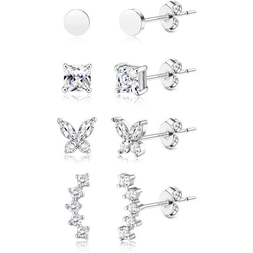 Kgabery-4 Paires Boucles D'oreilles Femme Argent 925 Plaqué Or 18 Carats Boucle D'oreille Argent/Or Petites Papillon Grimpantes Clou D'oreilles Ensemble