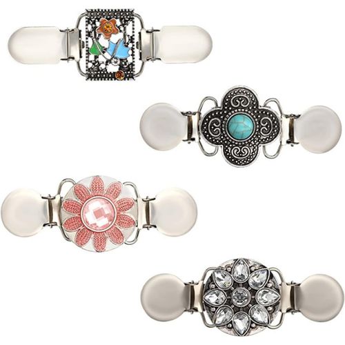 Kgabery-4 Pièces Pince À Cardigan,Clip De Cardigan Pour Femme Clips De Pull Vintage,Alliage Sweater Shawl Clip,Pinces Pour Chandail Avec Des Fleurs Strass,Femmes Chandail Blouse Châle Clip,4 Types