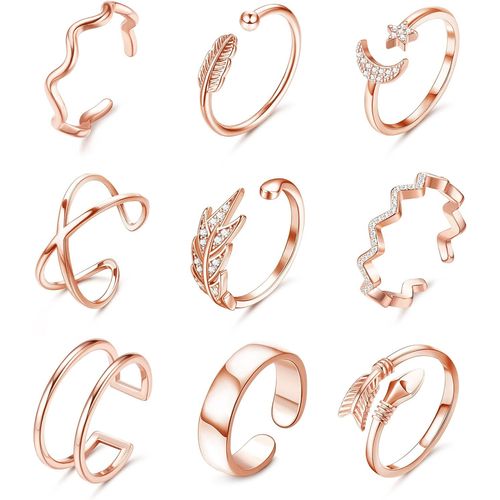 Kgabery-9cs Set De Bagues Pour Femme,Ensemble De Bagues Ouvertes Réglables,Bague Empilable Pour Doigt,Queue Réglable Bague De Jointure Réglable Pour Femme Fille Argent Or Rose Or