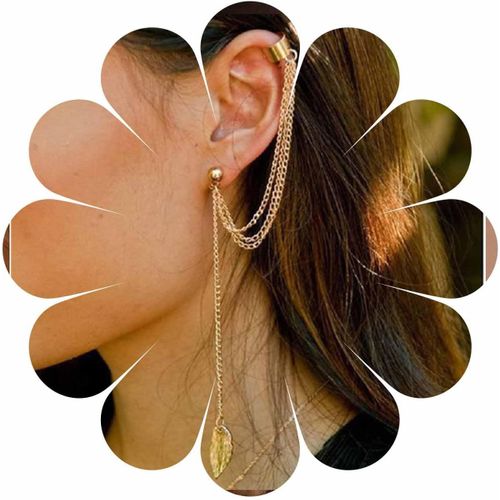 Kgabery-Boho Feuille Pampilles De Chaîne Boucles D'oreilles Clous D'oreille Or Minuscules Goutte À Goutte Longue Chaîne Grimpante Chaîne Wrap Clip Sur Les Bijoux Pour Les Femmes Et Les Filles (Or)