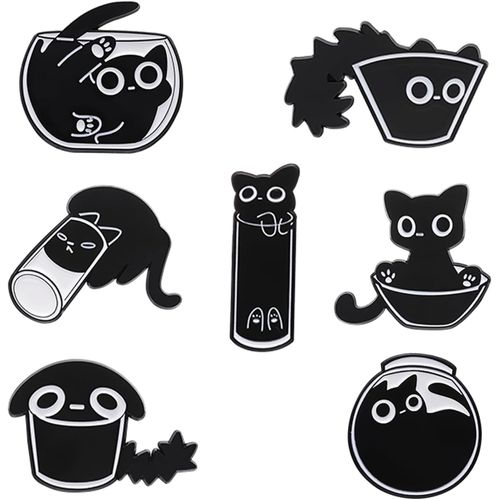Kgabery-Lot De 7 Épingles À Revers En Émail Avec Motif Chat Noir Pour Femmes Et Filles-Broche Mignonne En Émail Pour Vestes,L,Métal